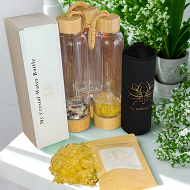 750ml Bamboo Healing Crystal Glass Water Bottle with Mixed Crystal Chips PLUS 200g FREE Citrine Crystals Chips