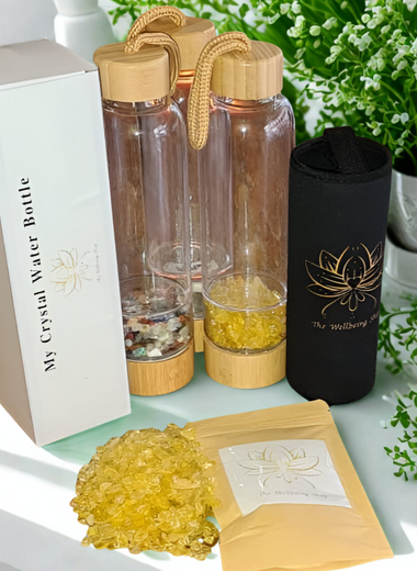 750ml Bamboo Healing Crystal Glass Water Bottle with Mixed Crystal Chips PLUS 200g FREE Citrine Crystals Chips