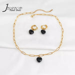Black Agate Gold Plated Gem Heart Necklace & Earring Luxury Gift box Set 16"(variants yellow agate, rose quartz); Free luxury box