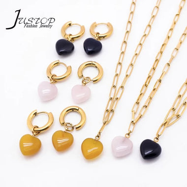 Black Agate Gold Plated Gem Heart Necklace & Earring Luxury Gift box Set 16"(variants yellow agate, rose quartz); Free luxury box
