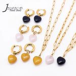 Black Agate Gold Plated Gem Heart Necklace & Earring Luxury Gift box Set 16"(variants yellow agate, rose quartz); Free luxury box