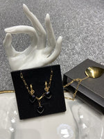 Black Agate Gold Plated Gem Heart Necklace & Earring Luxury Gift box Set 16"(variants yellow agate, rose quartz); Free luxury box