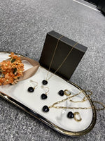 Black Agate Gold Plated Gem Heart Necklace & Earring Luxury Gift box Set 16"(variants yellow agate, rose quartz); Free luxury box